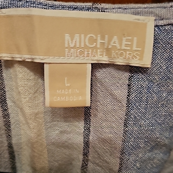 MICHAEL Kors Button Up, Blue & White Stripe, Gold Buttons, Tie Front, Sz L, Crop - Picture 2 of 6